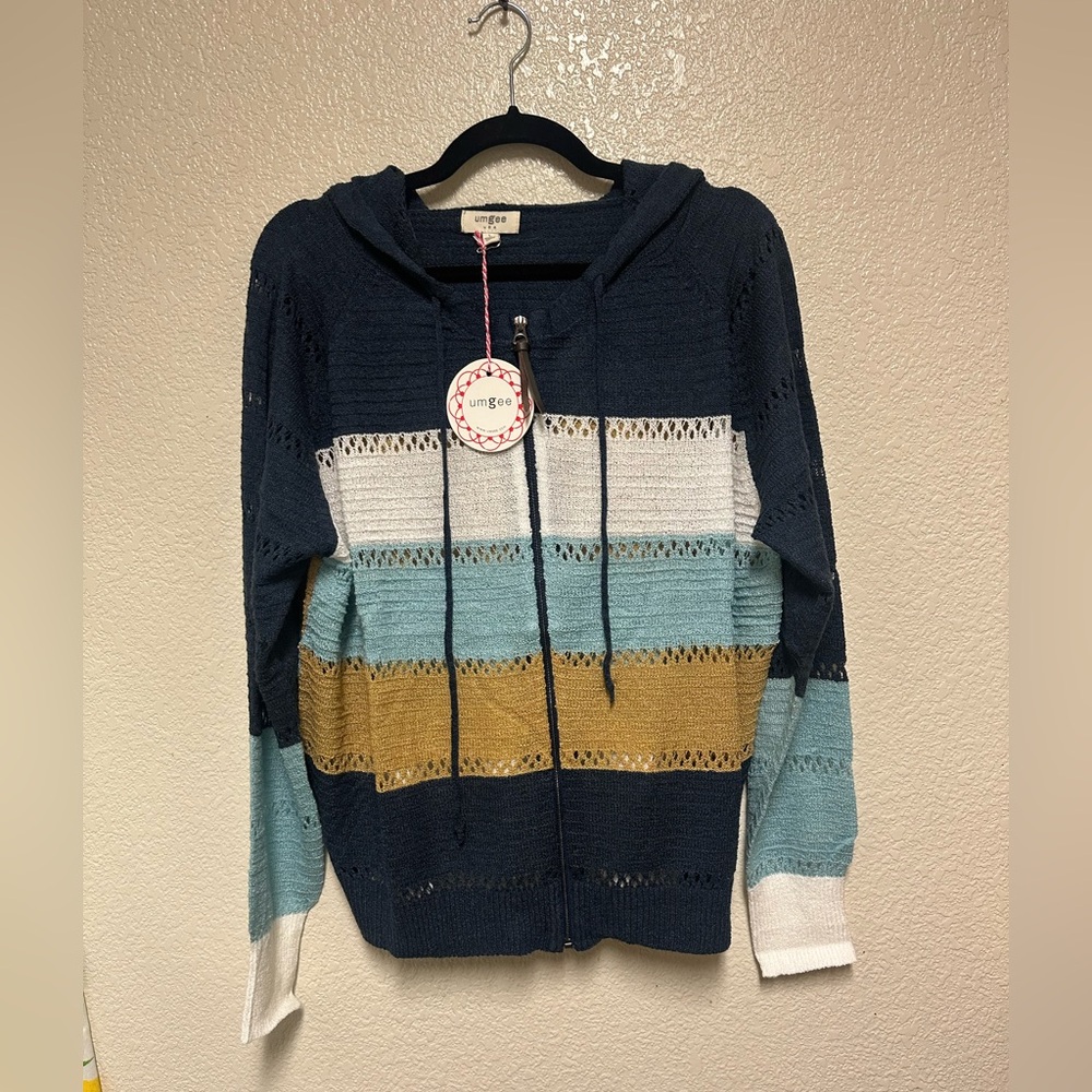 NWT Umgee Pointelle Knit Striped Zip-Up Seater - Size L